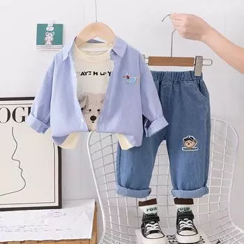 Детский комплект для мальчиков, рубашка с длинными рукавами в полоску с рисунком собаки, повседневный топ из джинсовой ткани, модный комплект из трех предметов для мальчиков S синий