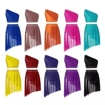 Детский комплект из 2 предметов для девочек, блестящий прозрачный сетчатый укороченный топ с юбкой, лирическое танцевальное платье, бальный костюм 5-6 Years оранжевый