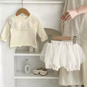 Детский комплект из 2 предметов из хлопка с топом и шортами, однотонная осенняя одежда для младенцев, комплекты модной кружевной одежды для девочек bafanou 23207 73cm(6-12M)