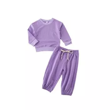 Детский комплект из двух предметов, детский однотонный пуловер с круглым вырезом и длинными рукавами, эластичные брюки на шнуровке для малышей 3-4 Years розовый