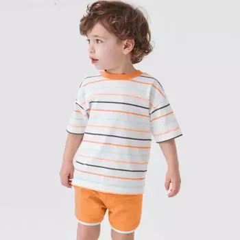 Детский комплект из двух предметов для мальчиков 2025 года, летний хлопковый костюм, повседневный топ с круглым вырезом и короткими рукавами в полоску, шорты, детская одежда для мальчиков 2Y