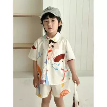 Детский комплект из двух предметов: рубашка с лацканами, короткий рукав, топ + шорты, повседневный, весна-лето 110