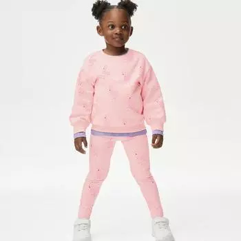 Детский комплект из двух предметов, весна-осень 2025, хлопковый розовый костюм для девочек, повседневный, с круглым вырезом, милый мультяшный принт, топы с длинными рукавами и брюки, одежда для девочек 2Y
