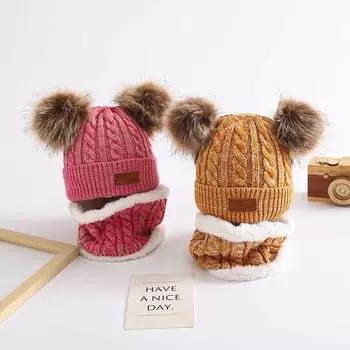 Детский комплект из двухслойной шерстяной вязаной шапки для осени и зимы с теплой защитой для ушей, однотонный - 3 предмета without velvet жёлтый