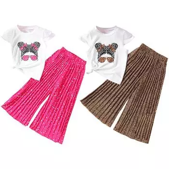 Детский комплект из футболки и брюк для девочек, топ с короткими рукавами и широкими брюками с мультяшным принтом, повседневный комплект детской одежды из двух предметов 4Y