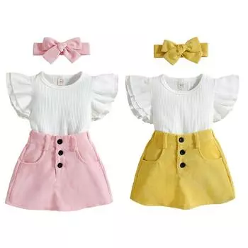 Детский комплект из футболки и юбки для девочек, топ с короткими рукавами, короткая юбка, повязка на голову, комплект детской одежды из трех предметов 100