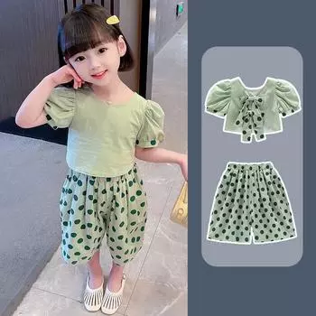 Детский комплект из топа и брюк, футболка с короткими рукавами для маленьких девочек, укороченные брюки 7