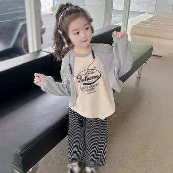 Детский комплект из топа и брюк нестандартной формы для девочек, комплект из двух предметов, детский топ с длинными рукавами и принтом букв, комплект с длинными штанами в полоску 110