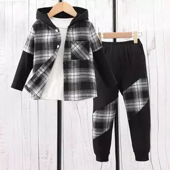 Детский комплект из топа и брюк в клетку с длинными рукавами, комплект одежды из двух предметов для мальчиков 4Y