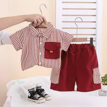 Детский комплект, летняя детская повседневная рубашка в вертикальную полоску, красивые тонкие шорты с короткими рукавами, комплект из двух предметов S красный