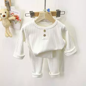 Детский комплект нижнего белья Осень Новинка Детская Де Ронг Мальчиковая пижама Корейская версия Девочковая теплая домашняя одежда Детская одежда 80cm белый