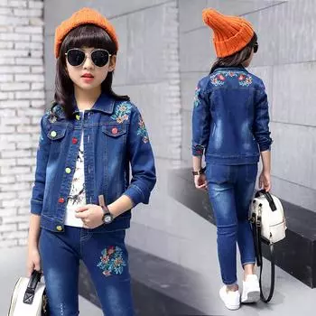 Детский комплект одежды для девочек на осень и весну, комплекты одежды для малышей с вышивкой, модная джинсовая куртка + джинсовые брюки, комплект из 2 предметов 160