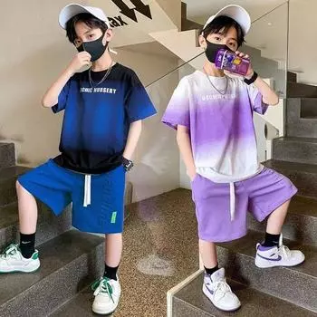 Детский комплект одежды для мальчиков, летние футболки с буквами с градиентом и шорты, костюм для подростков, спортивный костюм из 2 предметов с короткими рукавами, верх и низ 170 синий