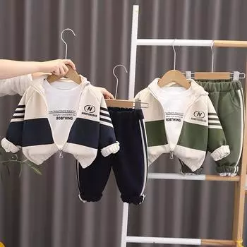 Детский комплект одежды для мальчиков на весну и осень, красивая детская спортивная куртка на молнии, стильный комплект из трех предметов с длинными рукавами S синий