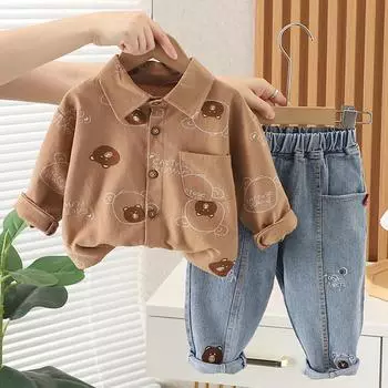 Детский комплект одежды для мальчиков на весну и осень, рубашка с рисунком медведя и джинсы, комплект из 2 предметов для детей 120cm коричневый