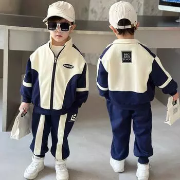 Детский комплект одежды на весну и осень для мальчиков и малышей, повседневные куртки и брюки, комплект из двух предметов, спортивная одежда 150cm темно-синий