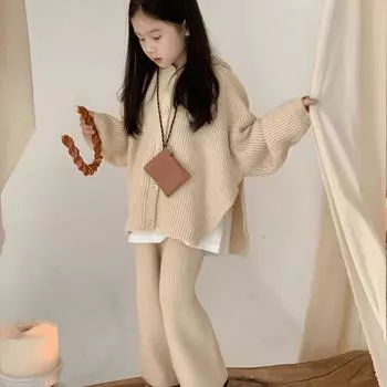 Детский комплект одежды, вязаный свитер, осенний вязаный костюм для девочек, свитер+брюки, комплект из двух предметов 130 бежевый