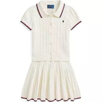 Детский комплект платья Polo Ralph Lauren с вышивкой логотипа Pony, мини-платье с воротником и коротким рукавом, из кабельной вязки, цвет молочный CWPO2STR2U20016-100 S