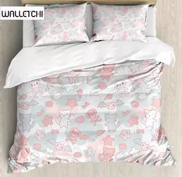 Детский комплект постельного белья с рисунком кошек, летучих мышей и черепов в мультяшном стиле, японский дизайн в стиле кавайи, комплект постельного белья размера «queen size» для детей EU single(135x200cm)