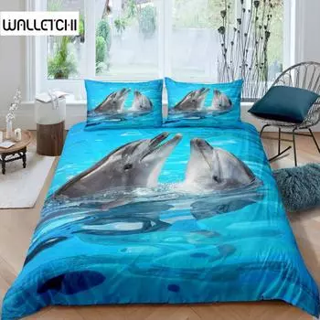 Детский комплект постельного белья с дельфином, размер King, милый морской дельфин, одеяло, чехол из микрофибры с синим волновым декором, пододеяльник для подростков EU single(135x200cm)