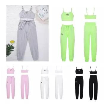 Детский комплект повседневной одежды для девочек, укороченный жилет без рукавов и штаны для тренажерного зала, бега, тренировок, танцев 7-8 Years чёрный