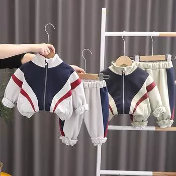 Детский комплект Повседневный комплект для мальчиков в стиле вестерн Куртка с длинными рукавами Спортивные брюки для мальчиков на весну и осень Модный комплект из двух предметов для малышей S серый