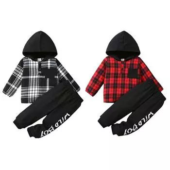 Детский комплект с капюшоном и штанами для мальчиков, клетчатый топ с капюшоном и длинными рукавами, брюки, комплект детской одежды из двух предметов 120
