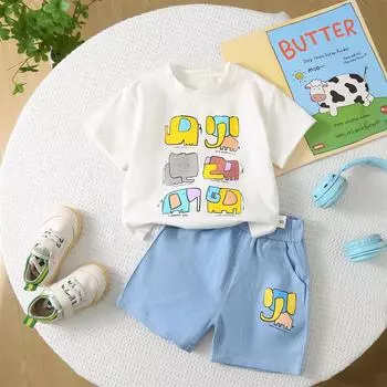 Детский комплект с короткими рукавами для мальчиков от 0 до 5 лет, повседневный топ с рисунком из мультфильма + джинсовые шорты, комплект из двух предметов, милая детская одежда S белый
