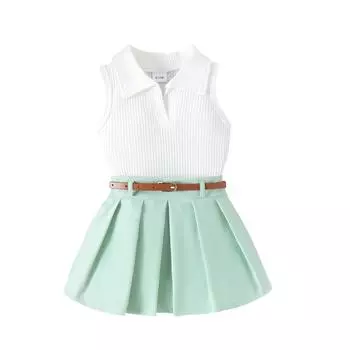 Детский комплект с юбкой для девочек, жилет с отложным воротником, плиссированной юбкой и поясом, летний наряд 18-24 Months белый