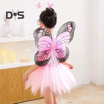 Детский комплект с юбкой, повязка на голову, имитация крыльев бабочки, эластичная талия, сетчатая юбка А-силуэта, детский костюм принцессы для вечеринки, костюм феи фиолетовый