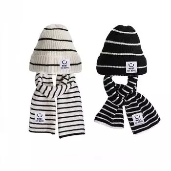 Детский комплект шапки-шарфа для мальчика и девочки, черный, белый, полосатый шарф, вязаный крючком комплект, теплая вязаная шапка на осень и зиму