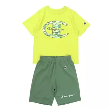 Детский комплект шорт с коротким рукавом и круглым вырезом, свободный крой, графический логотип, повседневный комплект для мальчиков, желтая футболка 130 [Champion] и футболка CK-ZW02