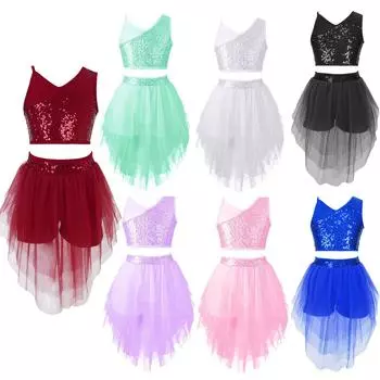 Детский комплект стильной танцевальной одежды для девочек, укороченный топ без рукавов с v-образным вырезом и блестками, сетчатая юбка-боксер с эластичной резинкой на талии 9-10 Years белый
