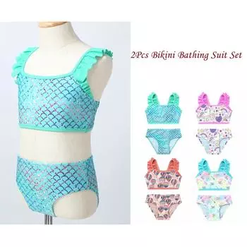 Детский комплект танкини из 2 предметов для девочек, укороченный топ с принтом на бретельках и низом, Гавайский комплект, бикини, купальник 3-4 Years зелёный