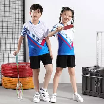 Детский комплект трикотажа для бадминтона для мальчиков и девочек с короткими рукавами, летняя быстросохнущая футболка для учащихся начальной школы, трикотаж для настольного тенниса, спортивная одежда для тенниса 5XS.