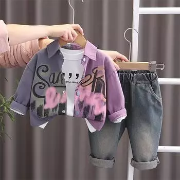 Детский комплект в весенне-осеннем стиле для мальчиков, рубашка с длинными рукавами, круглый вырез, белый топ, модные джинсы, комплект из трех предметов S фиолетовый