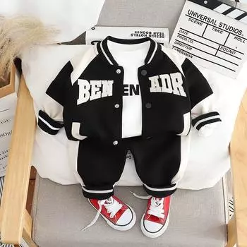 Детский комплект весна-осень модная красивая бейсбольная куртка с буквами средний маленький детский 120cm чёрный