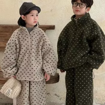 Детский комплект Зимнее пальто на молнии для мальчика Штаны из флиса для девочки Из двух частей 150cm зелёный