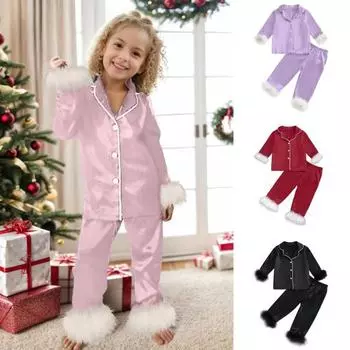 Детский костюм 2 шт./комплект семейная рождественская пижама мягкий материал теплый удобный классические цвета эластичный пояс Kid-2Y светло-фиолетовый