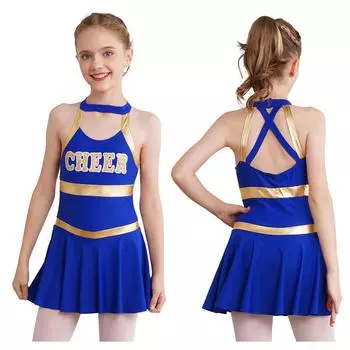 Детский костюм для черлидинга и катания на коньках с открытой спиной, плиссированное танцевальное платье, танцевальная одежда для сценических соревнований, спортивная униформа команды для встреч 5-6 Years королевский синий