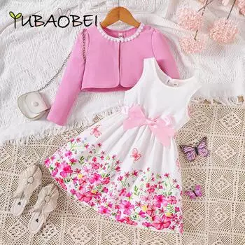 Детский костюм для девочек, весенне-летние цветочные платья + кардиган, куртка для детской одежды для девочек 110 розовый