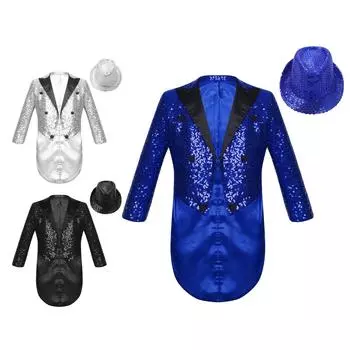 Детский костюм для джазовых танцев для мальчиков, карнавальный костюм циркового фокусника, блейзер с длинными рукавами и блестками, фрак со шляпой 5-6 Years серебряный