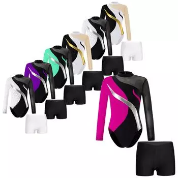 Детский костюм для фигурного катания на коньках для девочек, гимнастический костюм со стразами и открытой спиной, лоскутное трико с длинными рукавами и шортами 5-6 Years чёрный/золотой