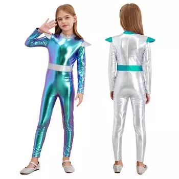 Детский костюм для косплея робота из будущего инопланетянина, блестящий металлический комбинезон в полную длину, костюм для тематической вечеринки в стиле астронавта 5-6 Years