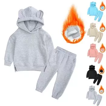 Детский костюм для мальчиков и девочек, зимний с длинным рукавом и флисовой толстовкой, теплые штаны с капюшоном, спортивный костюм 100 чёрный