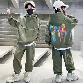 Детский костюм для мальчиков, одежда на весну и осень, спортивный костюм, свитер, толстовка + хлопковые спортивные штаны, 2 шт. 170 чёрный