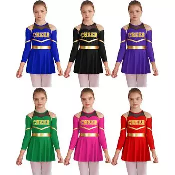 Детский костюм для танцев черлидинга для девочек, купальник с длинными рукавами и буквенным принтом, платье для костюмированной вечеринки на Хэллоуин 5-6 Years красный