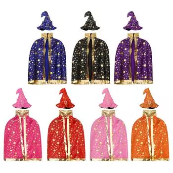 Детский костюм для вечеринки-маскарада на Хэллоуин, волшебник, ведьма, косплей, реквизит, плащ со шляпой, костюм из двух частей с блестящей звездой, напечатанной на ткани One Size оранжевый