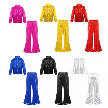 Детский костюм для выступлений, блестящая рубашка с пайетками, эластичный пояс, расклешенные брюки для танцевальных соревнований 7-8 Years чёрный