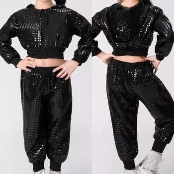 Детский костюм для выступлений, унисекс, блестящее пальто с блестками, комплект брюк, с капюшоном, на молнии, с эластичной резинкой на талии, с длинными рукавами, для чирлидера, хип-хоп, джаз, сценический современный танец 160cm темно-синий